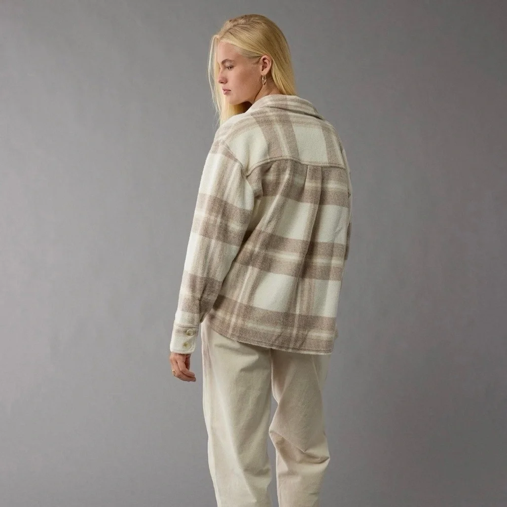 AE American Eagle Fleece Plaid Shacket Beige S - Picture 5 of 9